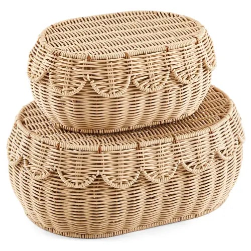 Juexica 2 Pcs Scalloped Rattan Baskets, Woven Rattan Wicker Storage Baskets with Lid for Nursery Storage diaper organizer Bathroom Decor(Natural)