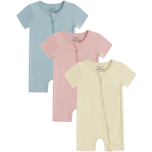 Jimonda Boys Baby Girls Short Sleeve Romper Unisex Baby Footless Pajamas With Viscose 2-Way Zipper Front 3Pcs0-24Months