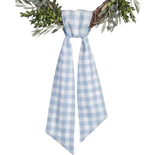 Blue Gingham Wreath Sash for Front Door, Spring Easter 4th of July Buffalo Check Plaid Ribbon Bow, 5.12" x 54" Coastal Farmhouse Home Decor