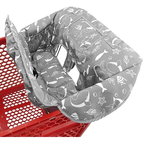 2-in-1 Shopping Cart and High Chair Cover for Baby, Padded Cover, Fold'n Roll Style, Portable with Carry Bag (Gray Seaworld)