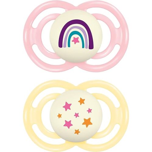 MAM Perfect Night Baby Pacifier, Patented Nipple, Glows in the Dark, 2 Pack, 16+ Months, Pink,2 Count (Pack of 1)