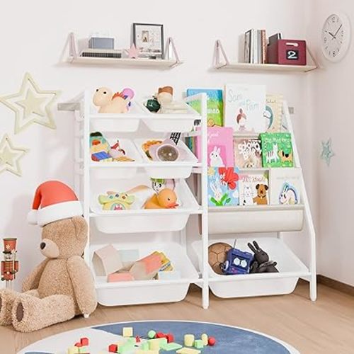 Kids Bookshelf and Toy Organizer, 4-Tier Toy Storage with 7 Removable Plastic Bins, Montessori Bookshelf Storage for Kids & Toddlers, Nursery Book Shelves for Playroom, Bedroom, Kids Room,White
