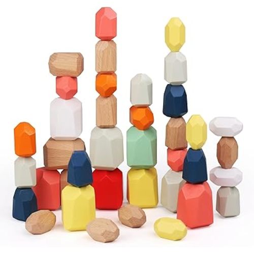 36PCS Wooden Stacking Rocks Building Blocks, Montessori Toys for 3 4 5 year old Stacking Game Sensory Preschool Learning Activities, Balancing Stones Birthday Gifts for Kids 3-5 Easter Basket Stuffers