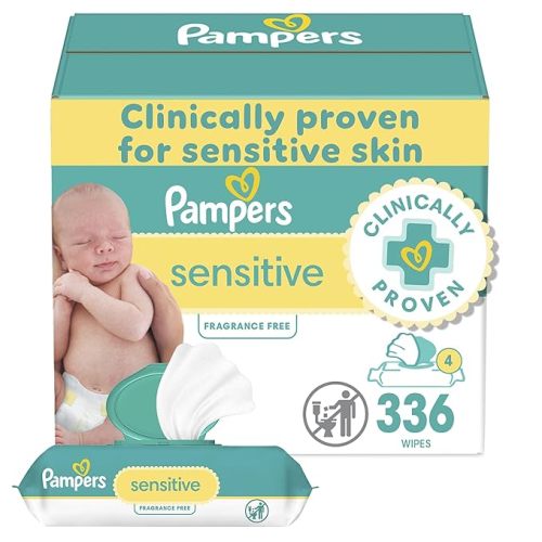 Pampers Baby Wipes, Sensitive, Water Based Wipe, Clinically Proven, Hypoallergenic, and Unscented for Babies, 336 Wipes Total (4 Flip-Top Packs)