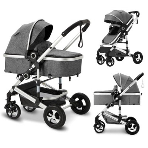 Kinder King Cozi 2 Convertible Baby Stroller, Folding High Landscape Infant Carriage, Adjustable Canopy, Diaper Bag, Anti-Shock, Dark Grey