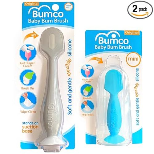 Bumco Baby Bum Brush + Mini Baby Diaper Cream Spatula with Case - BPA-Free Silicone Diaper Spatula with Suction Cup, Wipe-Clean, Mom-Invented Butt Paste Applicator (Gray & Blue)