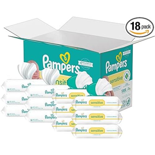 Pampers Sensitive Baby Wipes, Water Based, Hypoallergenic and Unscented, 18 Flip-Top Packs (1008 Wipes Total) [Packaging May Vary]