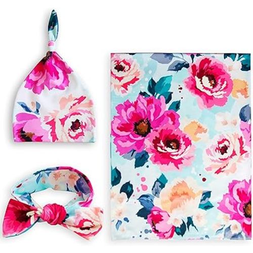 Baby Swaddle Blanket Newborn Girl Swaddle and Headband & Baby Hat Baby Beanie Newborn Swaddle Set Swaddle Blankets Girl Baby Girl Swaddle Blankets with Headband Newborn Receiving Blanket Headband Set