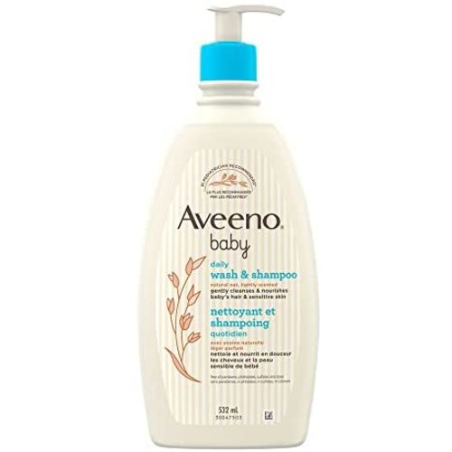 Aveeno Baby Daily Moisture Gentle Body Wash & Shampoo with Oat Extract, 2-in-1 Baby Bath Wash & Hair Shampoo, Tear- & Paraben-Free for Hair & Sensitive Skin, Lightly Scented, 18 fl. oz