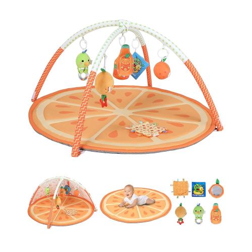Tummy Time Mat, 9-in-1 Orange Baby Play Gym Mat, Oversize Baby Play Activity Mats with Sunshade & 6 Detachable Sensory Toys, Washable Non-Slip Mat for Newborn Infant Baby Essentials Gift