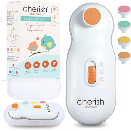 Cherish Baby Care Baby Nail Trimmer Electric - Automatic Safety Stop, BPA-Free & Safety-Tested Electric Nail File Baby, Includes 4 File Pads, 0-12+ Months