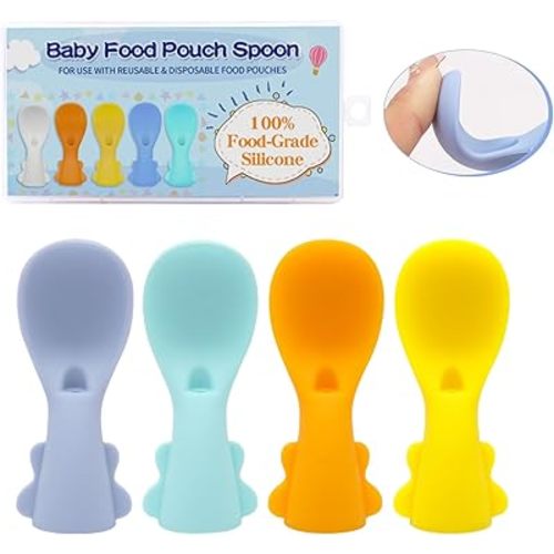 Silicone Baby Spoons & Squeeze Pouch Feeder Attachments Topper: Easy-Clean, Leak-Proof Spoon for Infant Food, Ideal for Diverse Food Pouches, Suitable for 3+ Months Babies 4-Pack, 2.48*1.18