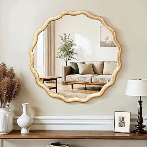 Circle Wood Mirrors for Wall, Wavy Round Bathroom Scalloped Mirror Wooden Frame 24 Inch for Living Room Farmhouse Bedroom Hallway Entryway Living Room with Shatterproof Glass Wall Mounted