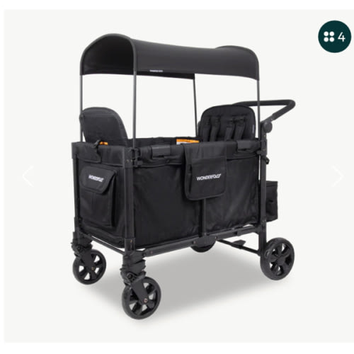WONDERFOLD W4 Elite Stroller Wagon (4 Seater) - Collapsible Wagon Stroller with Seats with 5-Point Harnesses, Adjustable Push Handle, and Removable UV Sun Canopy, Volcanic Black