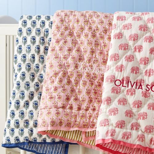 Block Print Quilted Blanket- Pink Flower