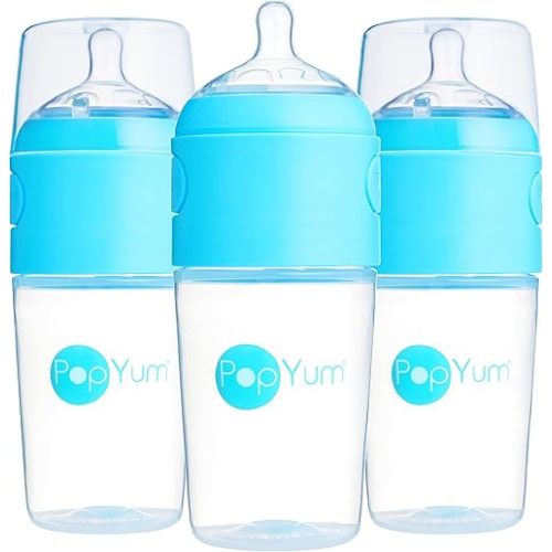 PopYum 9 oz Blue Anti-Colic Formula Making/Mixing/Dispenser Baby Bottles, 3-Pack with #2 Medium Flow Nipples, 260 ml, BPA-Free, Natural Latch