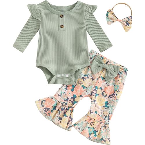 Fernvia Newborn Baby Girl Fall Winter Clothes Set Ruffle Ribbed Long Sleeve Romper Floral Pants 3Pcs Outfits