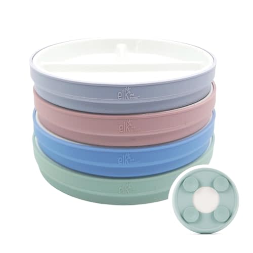 Elk and Friends Kids 7.8” Porcelain Divided Plates with Silicone Suction Sleeves | Suitable for Kids/Toddlers | Microwave & Dishwasher Safe | Non Slip | Snack Dishes