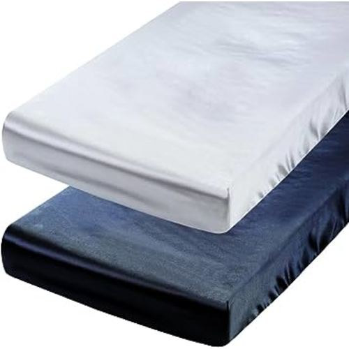 Satin Pack n Play Sheet Set 2 Pack Ultra Soft Silk Fitted Mini Crib Sheets Playard Sheet Protect for Baby Hair and Skin, Grey & Navy