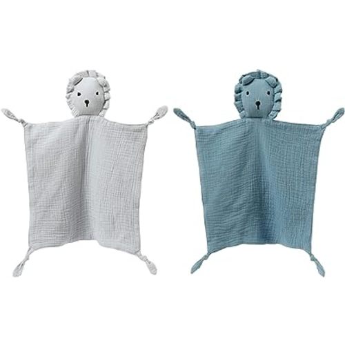 insular Lovey Blanket for Boys and Girls, Organic Cotton Muslin Security Blanket for Babies, Soft Breathable Lovie Soothing Towel for Newborn and Infant, 2 Pcs Set, Blue&Gray
