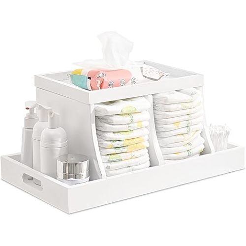 Diaper Caddy Organizer, Changing Table Organizer, Wooden Diaper Organizer for Nursery, Baby Diaper Storage Organizer with Removable Dividers (White, Rectangular Size)