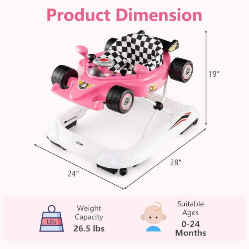 Foldable Walker 3 in 1 Activity Center with Steering Wheel, Adjustable Height, Lights & Music (Pink)