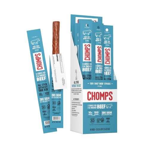 CHOMPS Grass Fed Sea Salt Beef Jerky Snack Sticks, Keto, Whole30, Paleo, Gluten Free, Sugar Free, Low Carb, AIP Diet Compliant, 1.15 Oz, Pack of 24