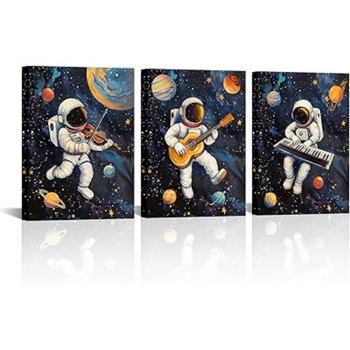 Biuteawal 3 Panels Outer Space Wall Art Cute Astronaut Musician Play Piano Guitar Violin Picture Universe Canvas Painting Funny Art Boys Men Guys Dorm Living Room Decor
