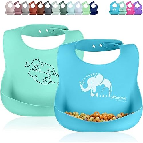 Silicone Bib-100% Pure Platinum LFGB Baby Bibs 6-48 months-No Fillers-BPA and Phthalate Free (2 Bib Pack - Blue Elephants & Lemon Lime Otters)