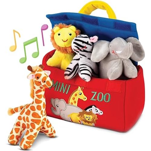 Bundaloo Plush Mini Zoo Playset - Giraffe, Elephant, Lion, Zebra - Interactive Animals, Carrier with Velcro Closure, Natural Sound Effects for Babies and Toddlers