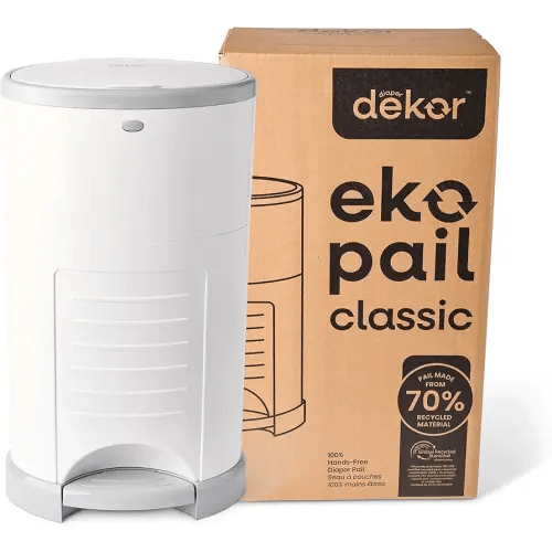 Diaper Dekor EKO Classic Diaper Pail, White | ONLY Eco-Friendly Diaper Pail Made with 70% Recycled Materials | Hands-Free: Step–Drop–Done | Cost-Effective Refill System