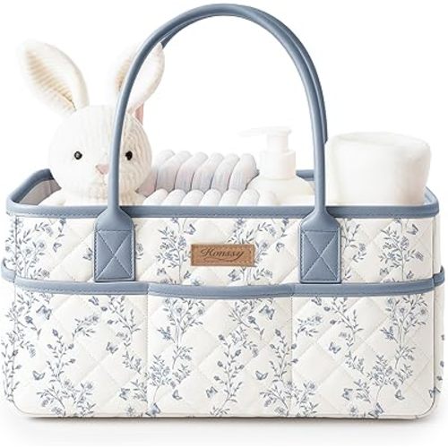Konssy Floral Quilted Diaper Caddy Organizer, Diaper Caddy Basket with PU Leather Handles, Water-Repellent Nursery Storage Basket, Portable Car Organizer, Registry Search Must Haves (Blue Garden)
