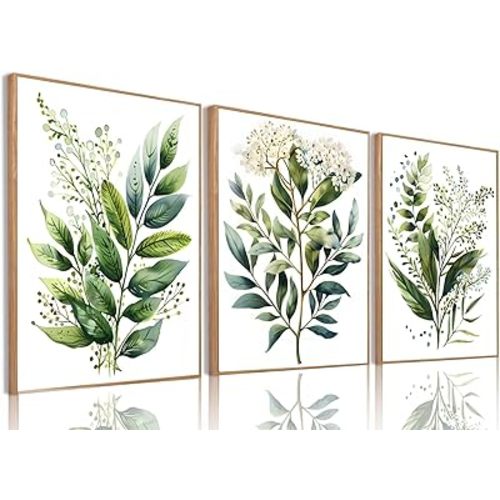 Bwodke Botanical Wall Art Plant Floral Watercolor Poster Canvas Prints Set of 3 Framed Sage Green Painting Eucalyptus Leaf Picture Modern Minimalist Home Decor Bedroom Bathroom Living Room (Fresh Green, 12"x16" Natural, Framed)