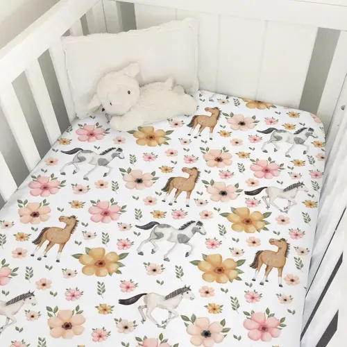 Watercolor Horse Floral Baby Crib Sheets 52''x28'' Cute Horses Boho Retro Flowers White Fitted Crib Mattress Cover for Boy Girl Soft Nursery Baby Bed Sheets for Standard Size Crib and Toddler Mattress