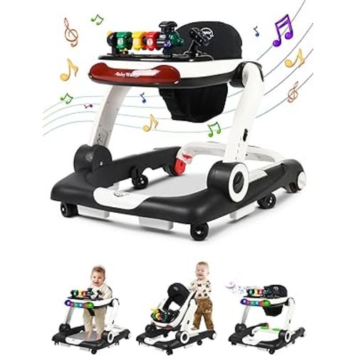 Music and Lights Baby Walker with Wheels, 6 in 1 Baby Activity Center w/Ergonomic backrest Design, Baby Walkers for Boys w/Foot Pads, Music Bouncer Walkers for Boys Girls Babies 6-18 Months, Black