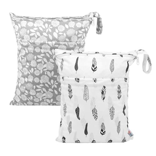 ALVABABY 2pcs Cloth Diaper Wet Dry Bags Waterproof Reusable with Two Zippered Pockets Travel Beach Pool Daycare Soiled Baby Items Yoga Gym Bag for Swimsuits or Wet Clothes LZ0506 - 05Falling feathers and gray chrysanthemums