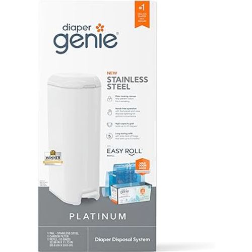 Diaper Genie Platinum Pail (Lilly White) is Made of Durable Stainless Steel and Includes 1 Easy Roll Refill with 18 Bags That can Last up to 5 Months.