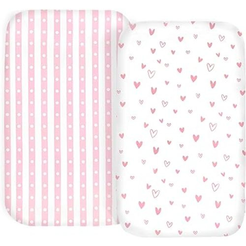 100% Organic Cotton 2 Pk Bedside Sleeper Bassinet Fitted Mattress Sheets for Mika Micky, Baby Delight, Ronbei, Chicco, KoolerThings, Cloud Baby, AMKE, Angelbliss, Maxi-COSI, Arm's Reach, Plus. Girl