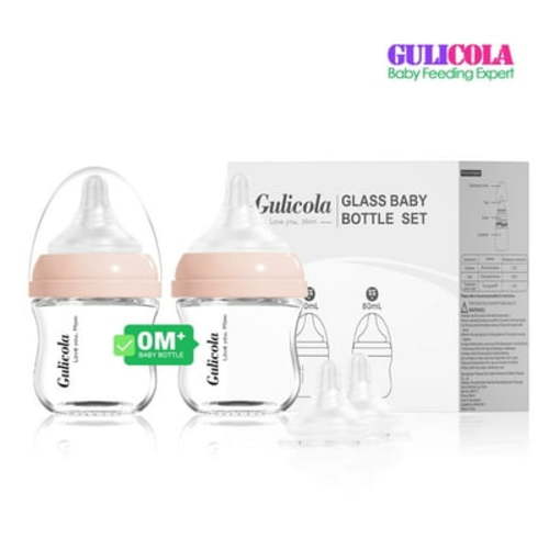Gulicola Natural Glass Bottles for Newborn Babies, Breast Like, Extra Slow Flow, 0 Months+, 3 oz, 2 Pack