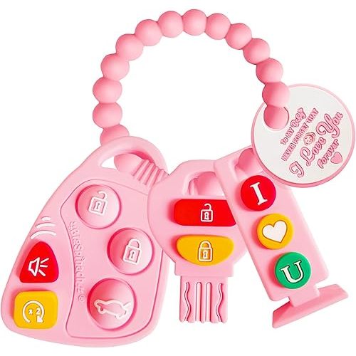 Baby Teething Keys Toys 6 to 12 Months,Gothic Car Keys Baby Teether Combo Set,Car Key Remote Toy Controller for Toddler (Key, Pink)
