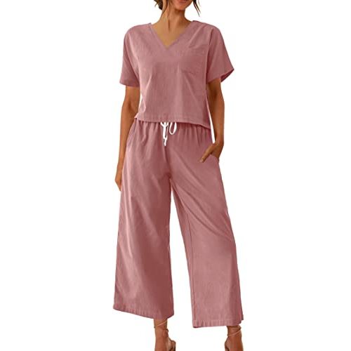 Ekouaer Women's 100% Cotton Linen Lounge Set Short Sleeve Top Pajamas Wide Leg Pants Loungewear Outfits Pocket S-XXL