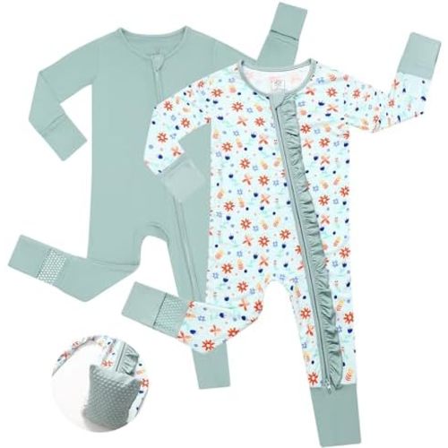 JunNeng Baby Girl Viscose from Bamboo Sleeper with Mitten Cuffs, 2 Way Zipper Romper, Sleep N' Play Pajamas 0-18 Months