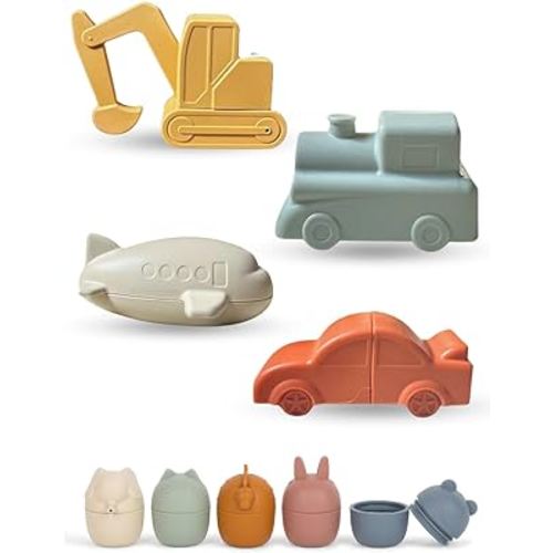 Bath Toy Bundle Mold Free Animal and Vehicle Bath Baby Bath Toys- Water and Pool Toys for Babies and Toddlers-Non Toxic Silicone Bath Toys