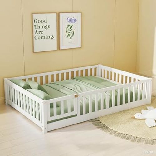 Full Size Floor Bed with Door and Fence for Kids, Montessori Floor Bed with Slats and Safety Guardrails,Solid Wood Full Bed Frame for Girls Boys(Full,White)