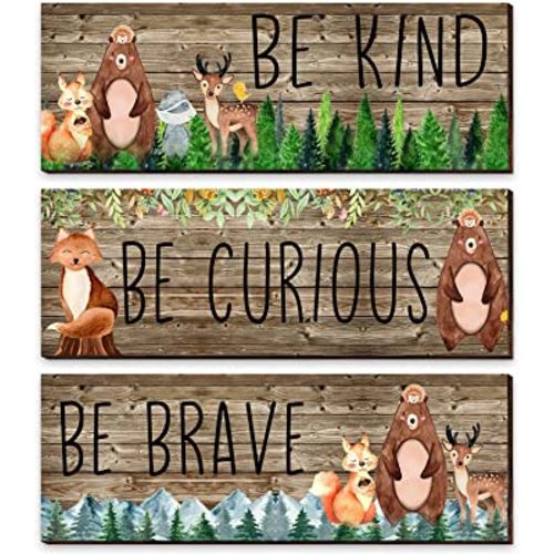3 Pcs Woodland Nursery Decor Safari Nursery Woodland Animals Themed Painting Wooden Be Kind Brave Curious Sign Framed Wall Art Forest Nursery Decor Inspirational Pictures for Baby Bedroom, 11 x 4 Inch
