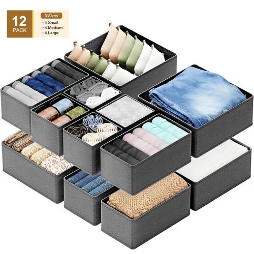 WANALIT Drawer Organizer Clothes, 12 Pack Dresser Organizer for Baby Clothes, Underwear, Sock- Foldable Closet Organization and Storage Dividers Bins for Nursery, Bedroom (Light Gray)