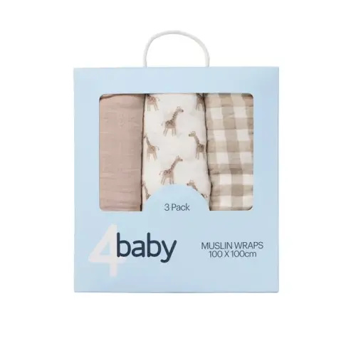 4Baby Muslin Wrap Gingham 3Pk Natural | Baby Bunting AU