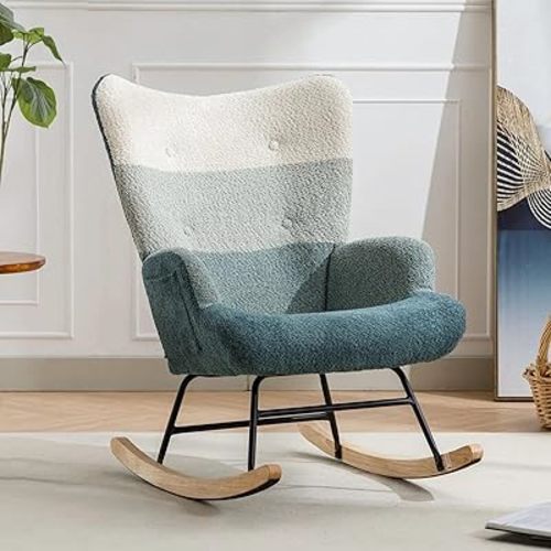 Nursery Rocking Chair Teddy Upholstered Glider Rocker Rocking Accent Chair with High Backrest Armchair Comfy Side Chair for Living Room, Bedroom, Offices (Gradient Green)