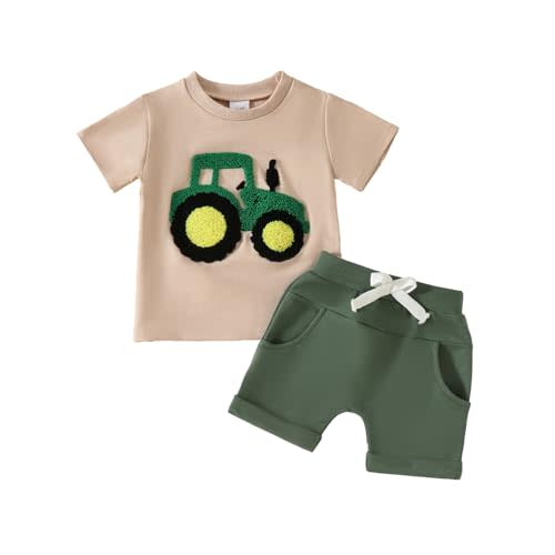 Koecnoc Toddler Baby Boy Summer Clothes Embroidered Farm Tractor Shirt and Short Set 2-Piece Outfits for Boys