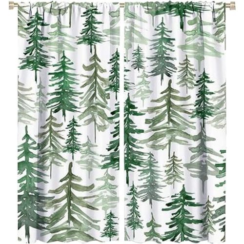 Green Forest Tree Curtain, Pine Coniferou Trees Forest Watercolor Design Room Darkening Door Window Rod Pocket Curtain for Bedroom Living Room 52x84in